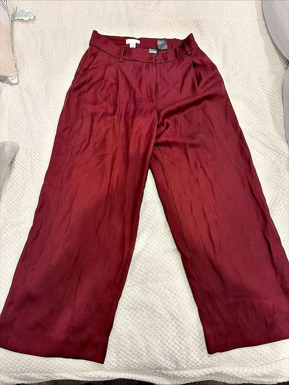 H&M Wide-Leg Linen-Blend Pants Burgundy Size 12